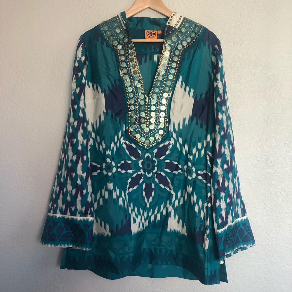 Tory Burch silk Iveta embellished blouse 12 tunic
